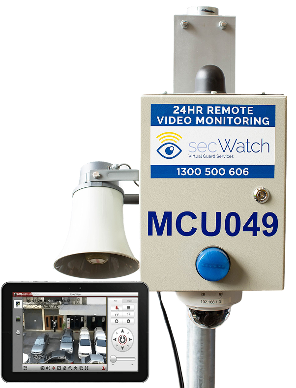 secWatch pole-mounted camera unit MCU049 with speaker, strobe and live view on a tablet